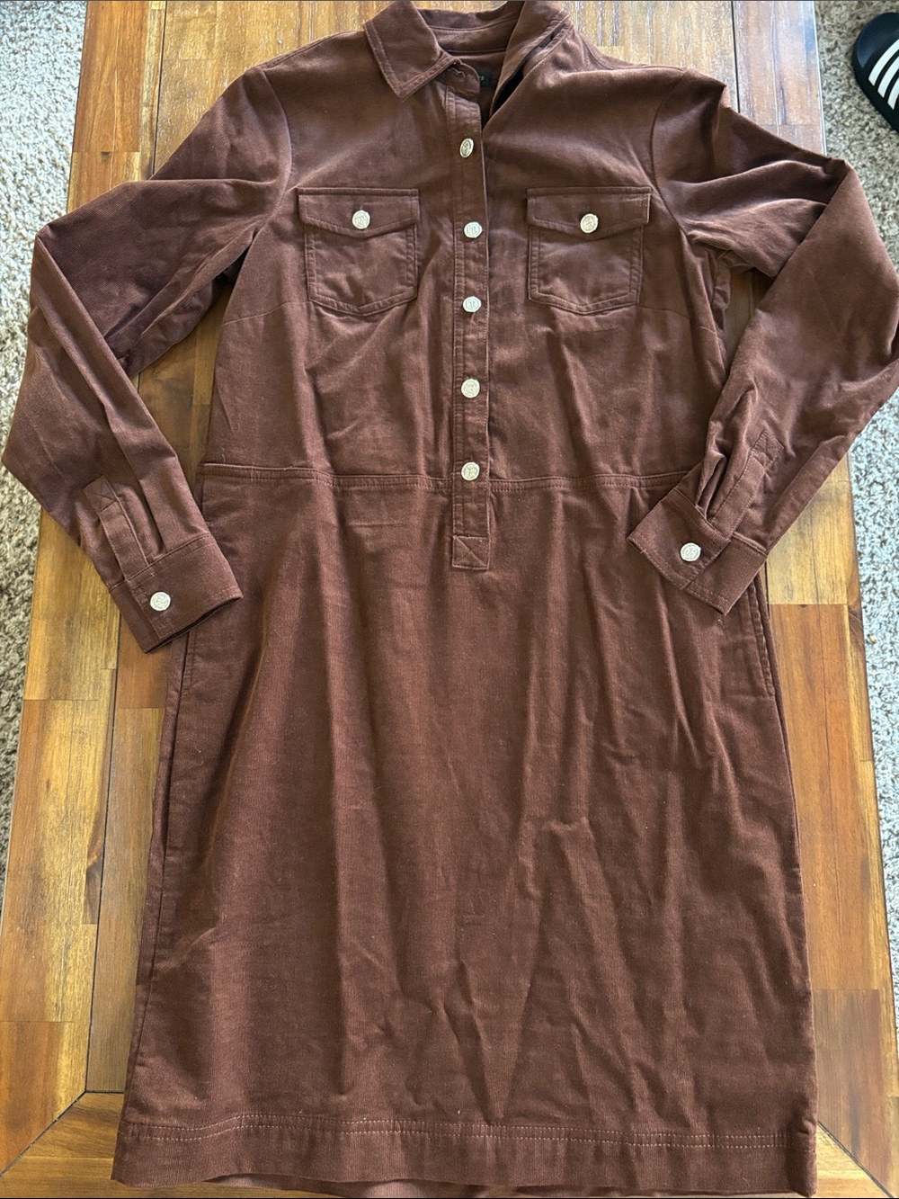 Talbots Chest-Pocket Long-Sleeve Corduroy Dress in Brown